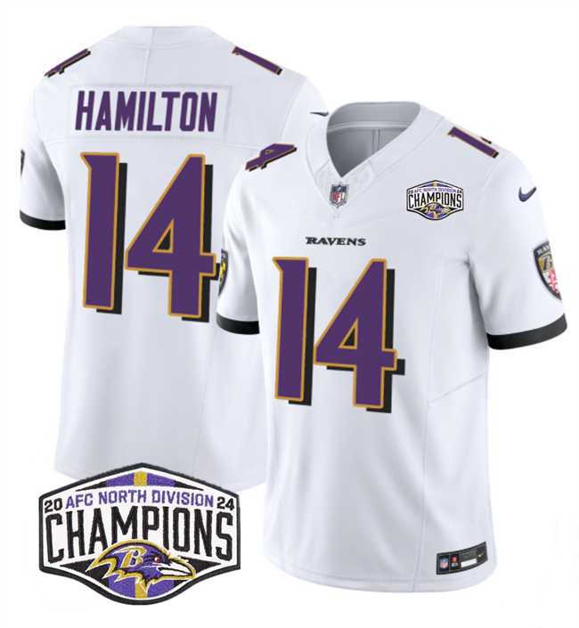 Mens Baltimore Ravens #14 Kyle Hamilton White F.U.S.E 2024 AFC North Division Champions Vapor Limited Jersey